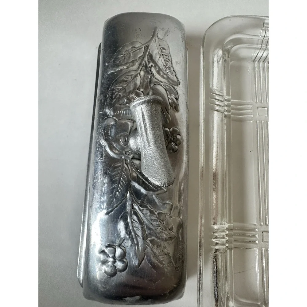 Vintage 1940's Hammered Aluminum Butter Dish W/ Glass Insert Floral Motifs MCM